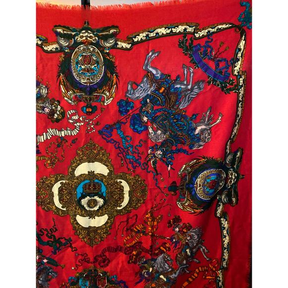 Gucci 100% Wool Shawl Ornate Equestrian Red - Picture 5 of 7
